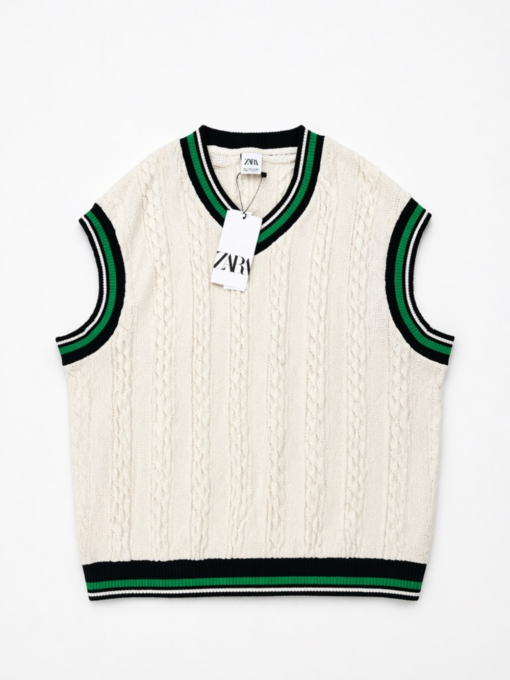 NWT ZARA Cable Knit Sweater Vest Tennis Preppy Cream Green Stripe Size L Golf